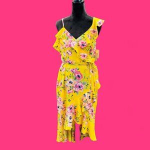 Bright Yellow Floral Fairy Coquette Tea Time Asymmetrical Midi Dress Large NEW